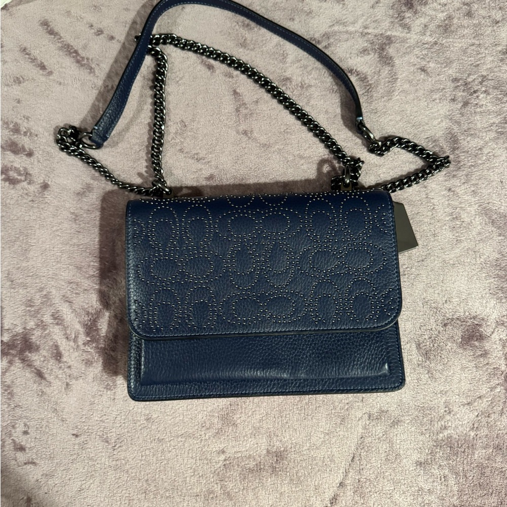 Coach Dark Blue Crossbody Bag with Chain Detail